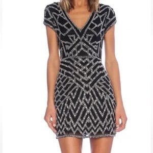 Parker Black and Silver Beaded V-Neck Mini Dress